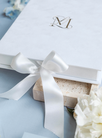 3D Luxury Velvet Hard Back Boxed & Ribbon Invitation with Gold Foil Venue | Bespoke Commission L&M