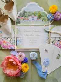 Villa Bonomi Luxury Wedding Invitation Suite | Pocketstyle Folio with Watercolour Venue and Gold Foil |  Lake Como Wedding