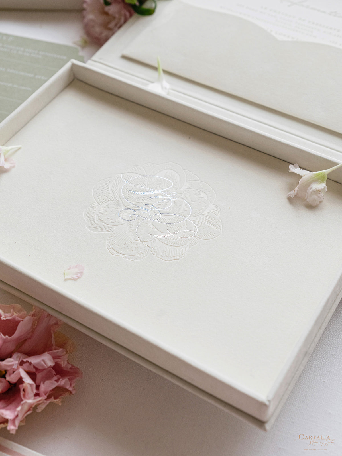 Luxury Velvet Hard Back Box Ivory Invitation | Bespoke Commission M&P