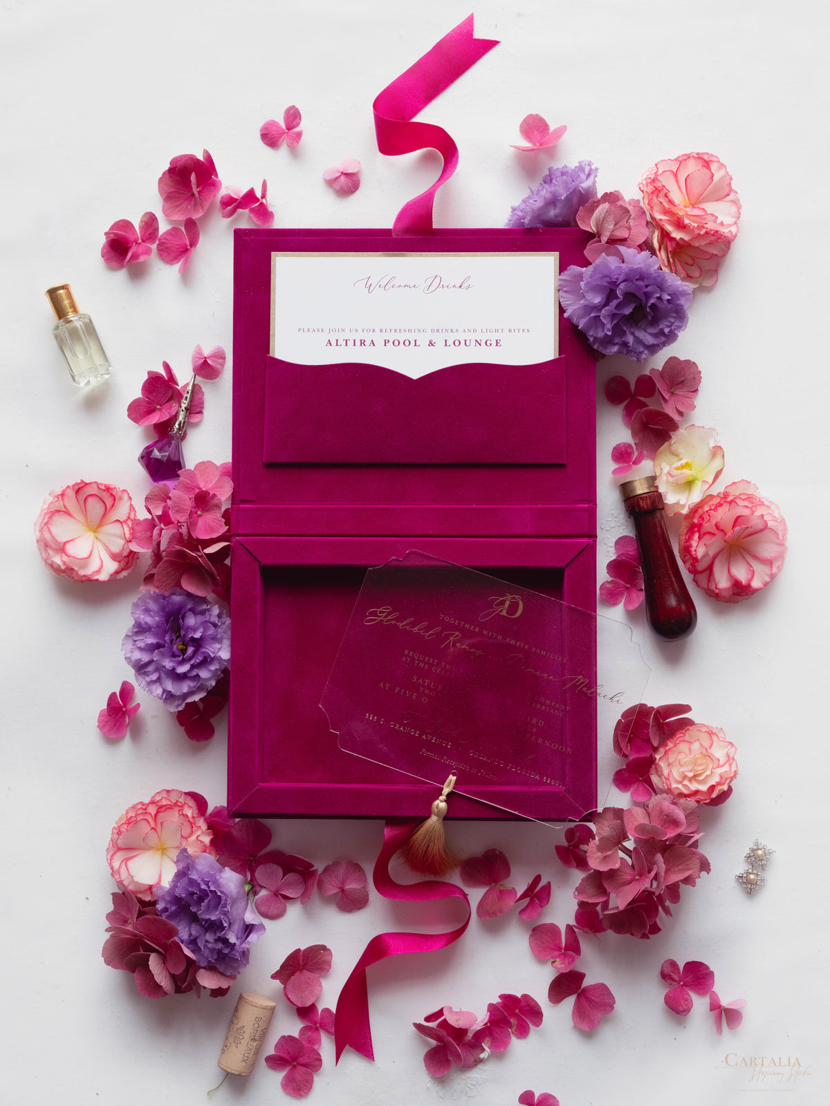 Luxury Velvet Box with Acrylic Invitation & Tassel – Fuchsia Pink | Custom Wedding Invitation Suite