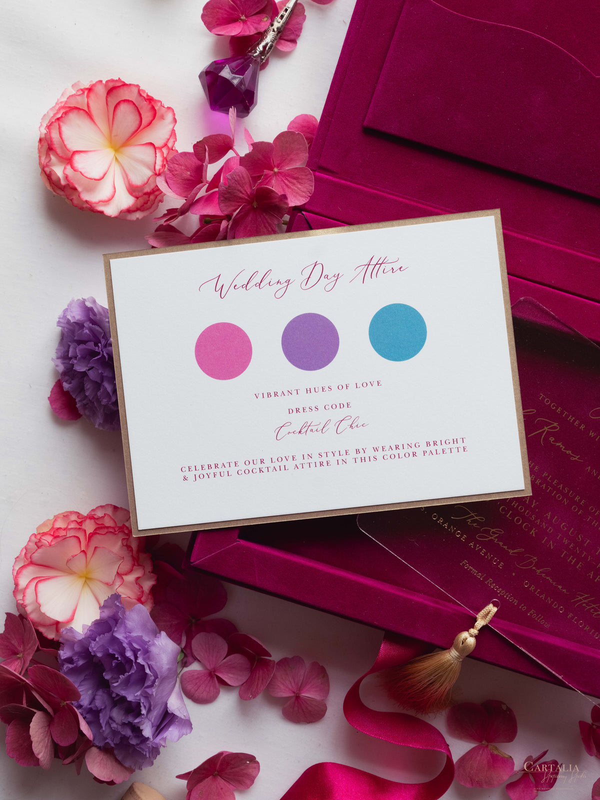 Luxury Velvet Box with Acrylic Invitation & Tassel – Fuchsia Pink | Custom Wedding Invitation Suite