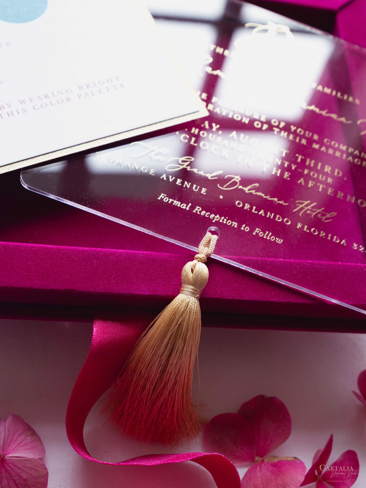 Luxury Velvet Box with Acrylic Invitation & Tassel – Fuchsia Pink | Custom Wedding Invitation Suite