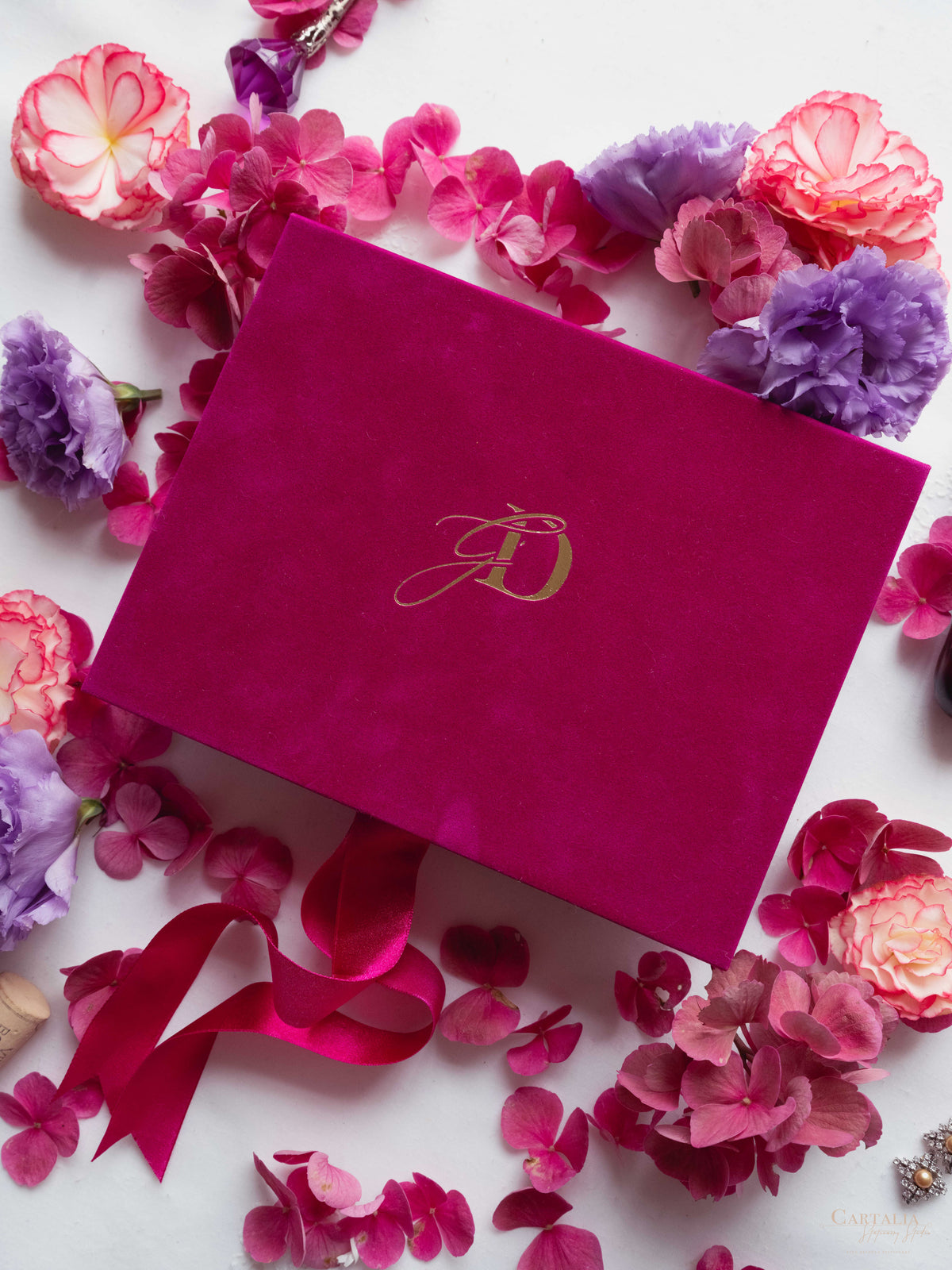 Luxury Velvet Box with Acrylic Invitation & Tassel – Fuchsia Pink | Custom Wedding Invitation Suite