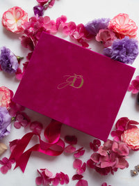 Luxury Velvet Box with Acrylic Invitation & Tassel – Fuchsia Pink | Custom Wedding Invitation Suite