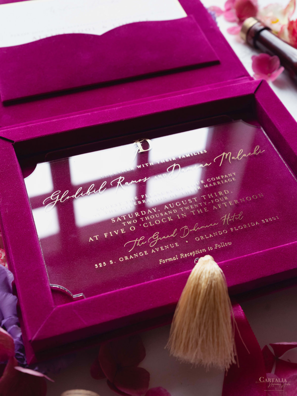 Luxury Velvet Box with Acrylic Invitation & Tassel – Fuchsia Pink | Custom Wedding Invitation Suite