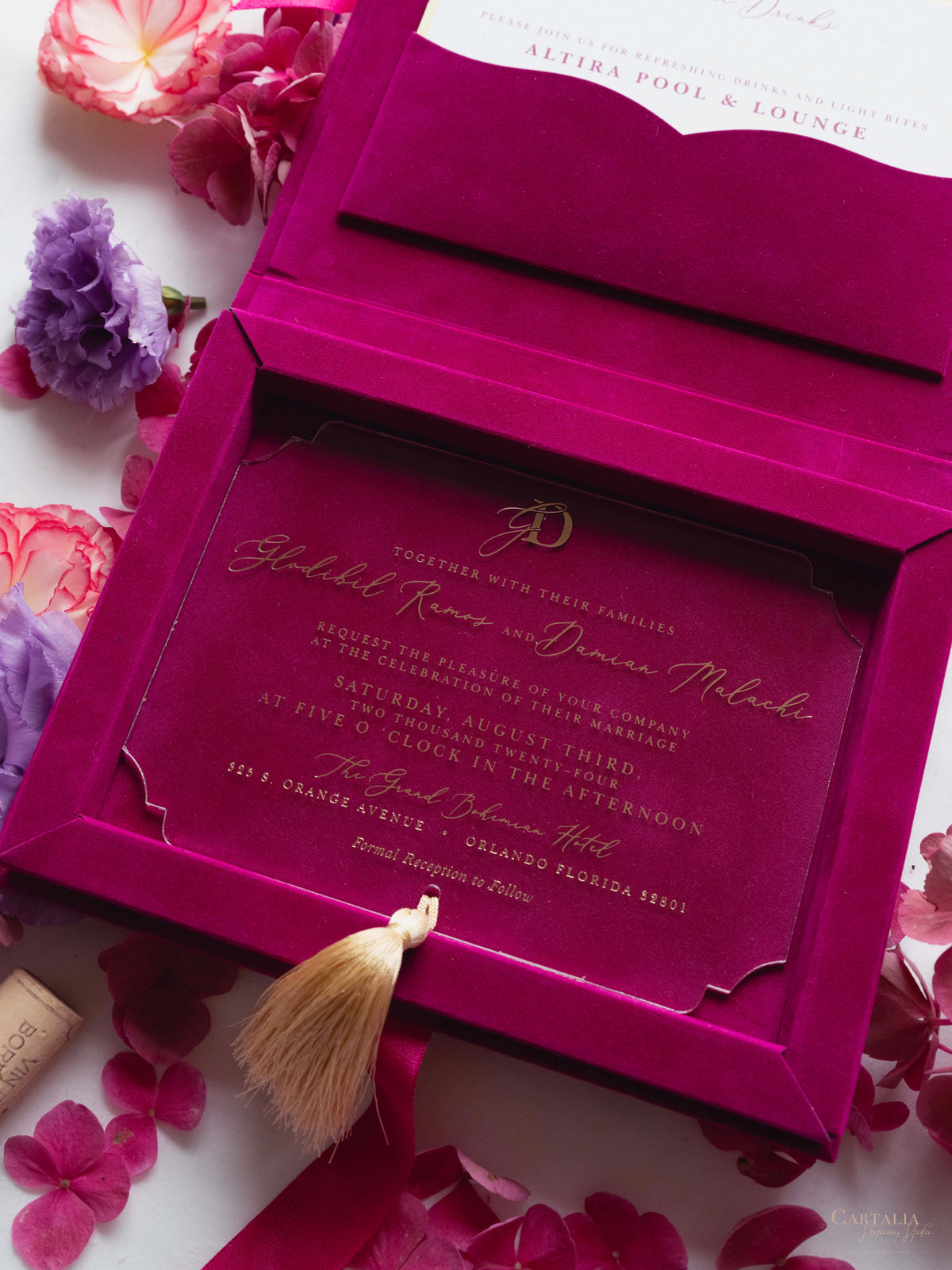 Luxury Velvet Box with Acrylic Invitation & Tassel – Fuchsia Pink | Custom Wedding Invitation Suite