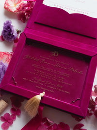Luxury Velvet Box with Acrylic Invitation & Tassel – Fuchsia Pink | Custom Wedding Invitation Suite