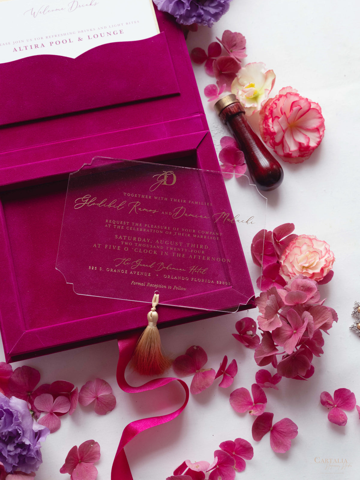Luxury Velvet Box with Acrylic Invitation & Tassel – Fuchsia Pink | Custom Wedding Invitation Suite
