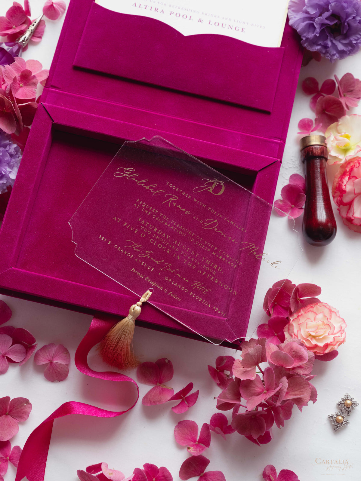 Luxury Velvet Box with Acrylic Invitation & Tassel – Fuchsia Pink | Custom Wedding Invitation Suite