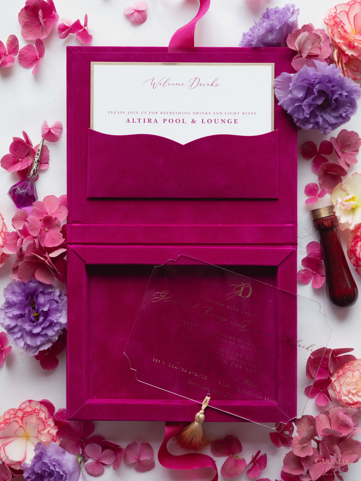 Luxury Velvet Box with Acrylic Invitation & Tassel – Fuchsia Pink | Custom Wedding Invitation Suite