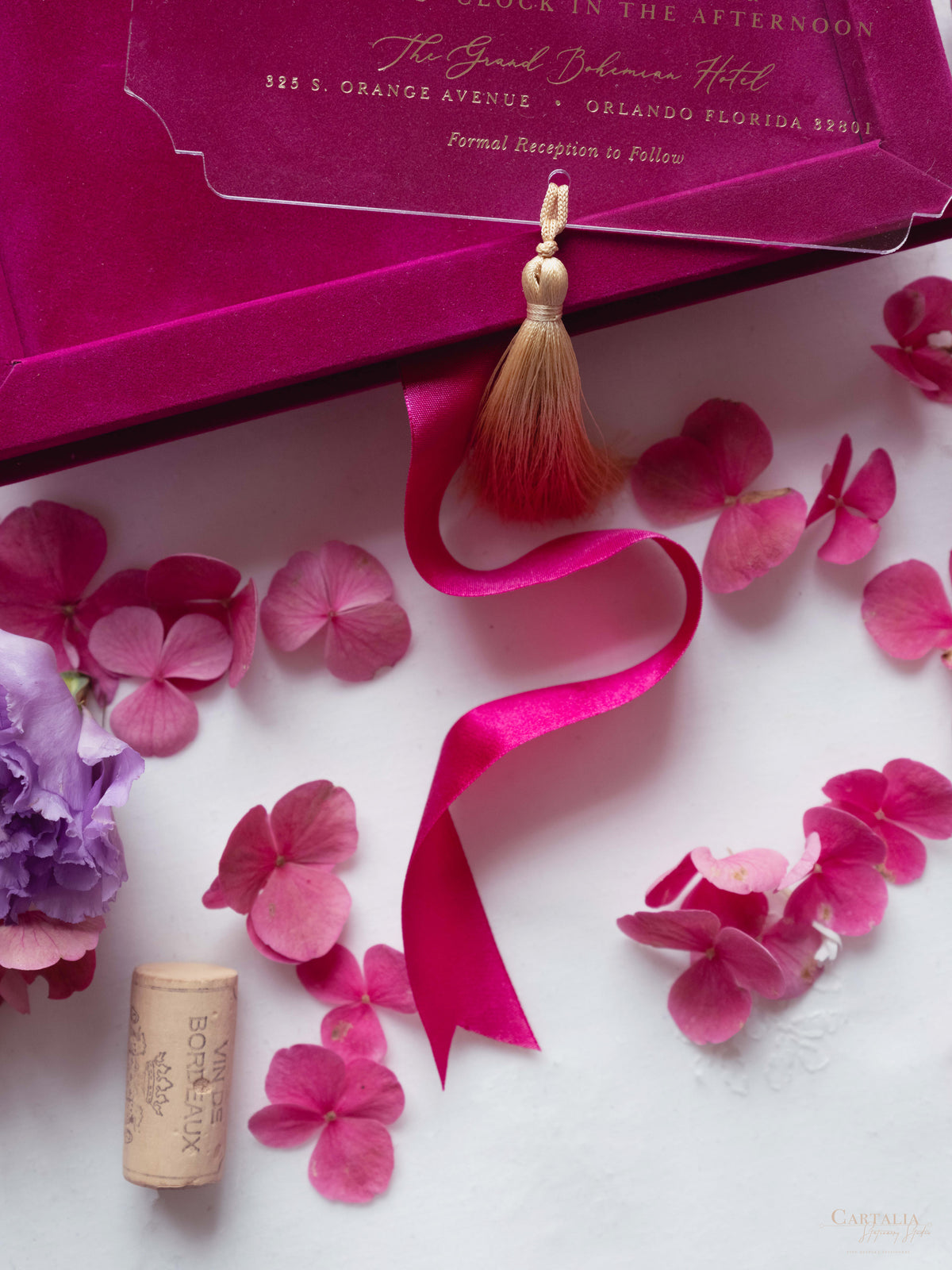 Luxury Velvet Box with Acrylic Invitation & Tassel – Fuchsia Pink | Custom Wedding Invitation Suite