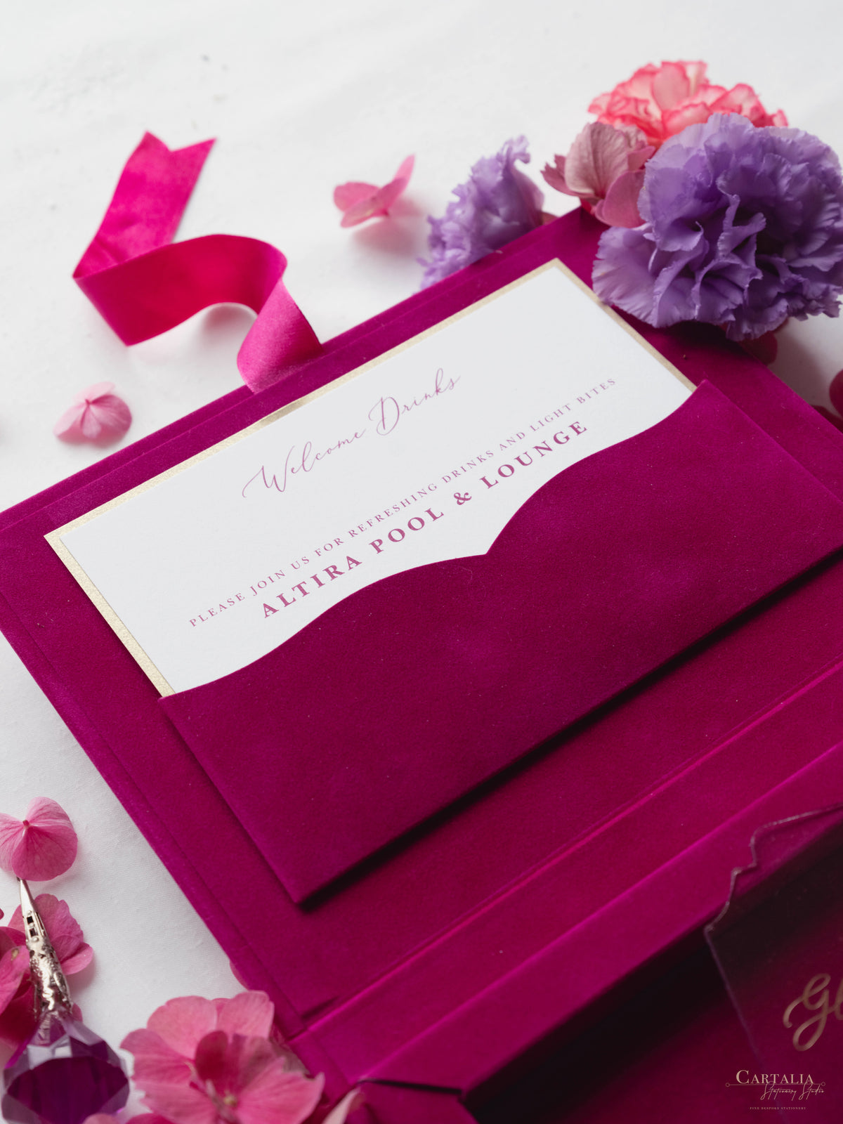 Luxury Velvet Box with Acrylic Invitation & Tassel – Fuchsia Pink | Custom Wedding Invitation Suite