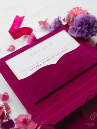 Luxury Velvet Box with Acrylic Invitation & Tassel – Fuchsia Pink | Custom Wedding Invitation Suite