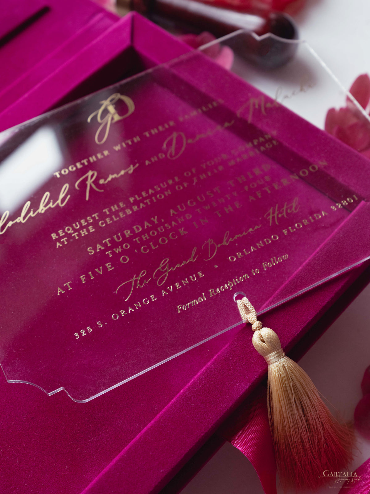 Luxury Velvet Box with Acrylic Invitation & Tassel – Fuchsia Pink | Custom Wedding Invitation Suite