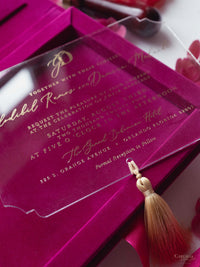 Luxury Velvet Box with Acrylic Invitation & Tassel – Fuchsia Pink | Custom Wedding Invitation Suite