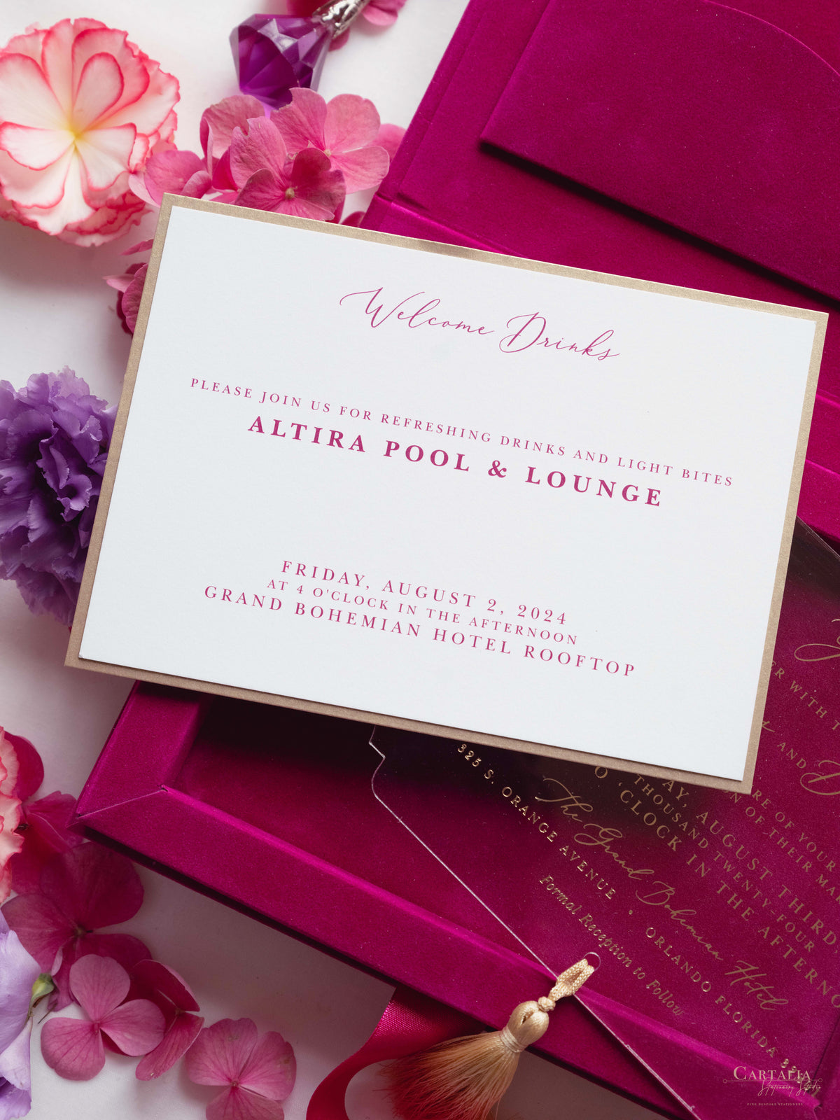 Luxury Velvet Box with Acrylic Invitation & Tassel – Fuchsia Pink | Custom Wedding Invitation Suite