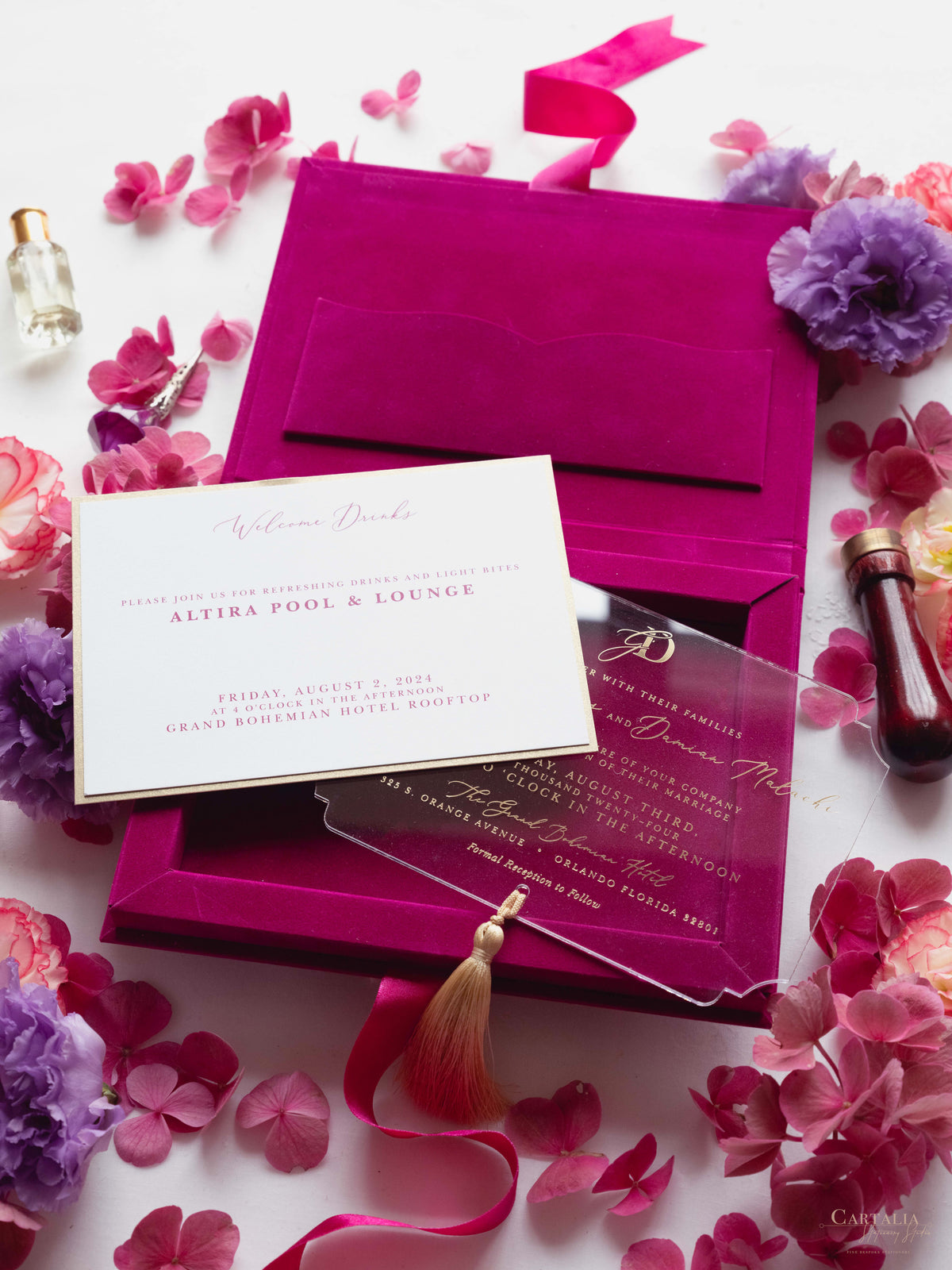 Luxury Velvet Box with Acrylic Invitation & Tassel – Fuchsia Pink | Custom Wedding Invitation Suite