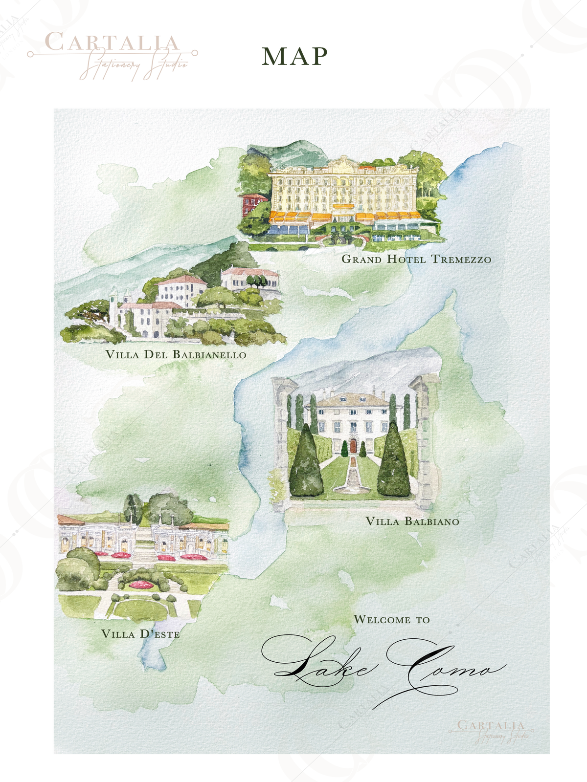 MAP | Bespoke Artist Commission:  Lake Como Map by Watercolor Illustrations | Locations : Grand Hotel Tremezzo Villa Del Balbianello Villa Balbiano Villa D'este