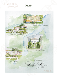 MAP | Bespoke Artist Commission:  Lake Como Map by Watercolor Illustrations | Locations : Grand Hotel Tremezzo Villa Del Balbianello Villa Balbiano Villa D'este