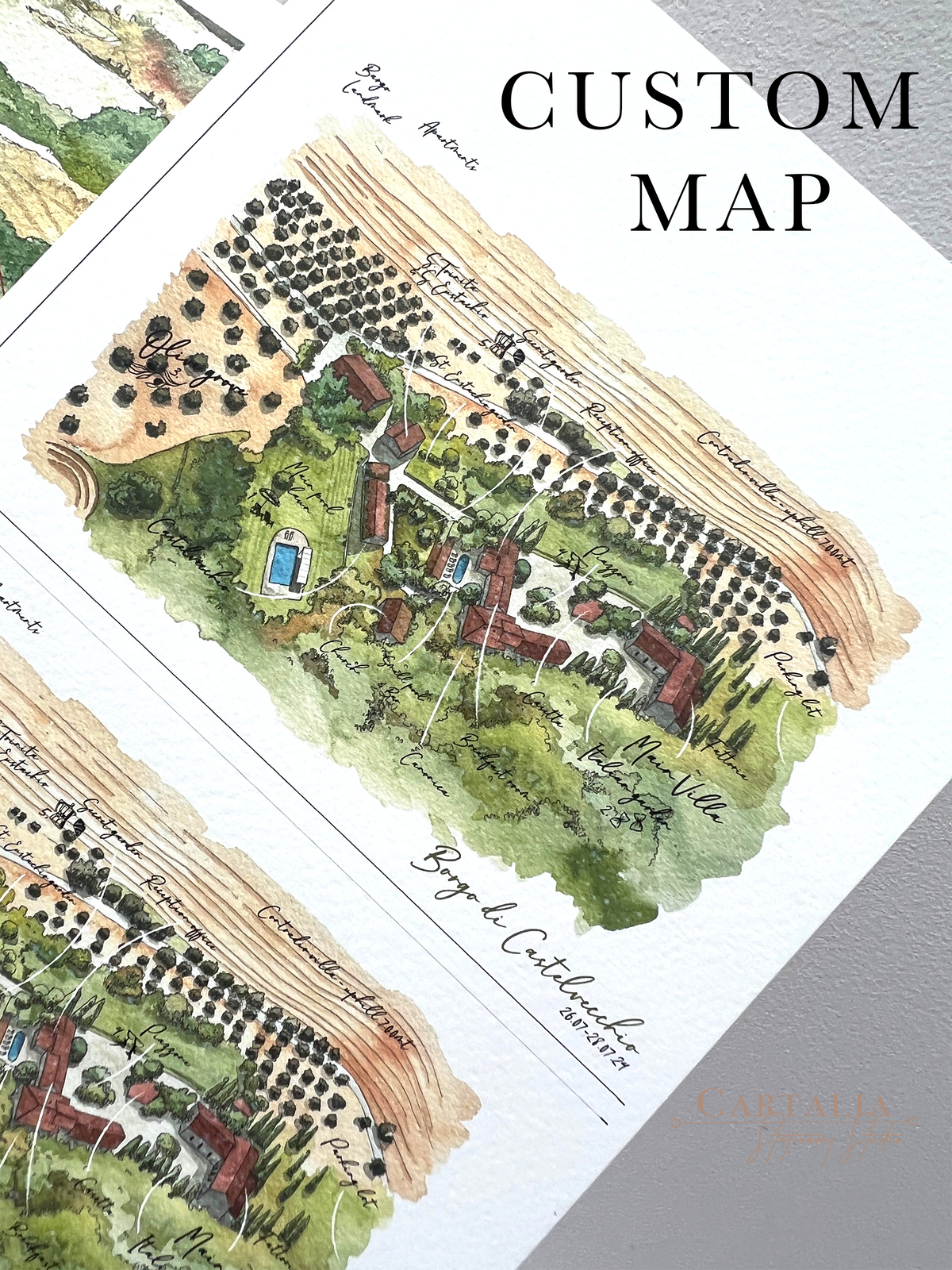 MAP | Bespoke Artist Commission:  Lake Como Map by Watercolor Illustrations | Locations : Grand Hotel Tremezzo Villa Del Balbianello Villa Balbiano Villa D'este