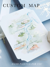 MAP | Bespoke Artist Commission:  Lake Como Map by Watercolor Illustrations | Locations : Grand Hotel Tremezzo Villa Del Balbianello Villa Balbiano Villa D'este