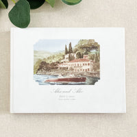 Personalized White Velvet Wedding Guest Book with Gold Foil Details | Villa Balbiano, Lake Como