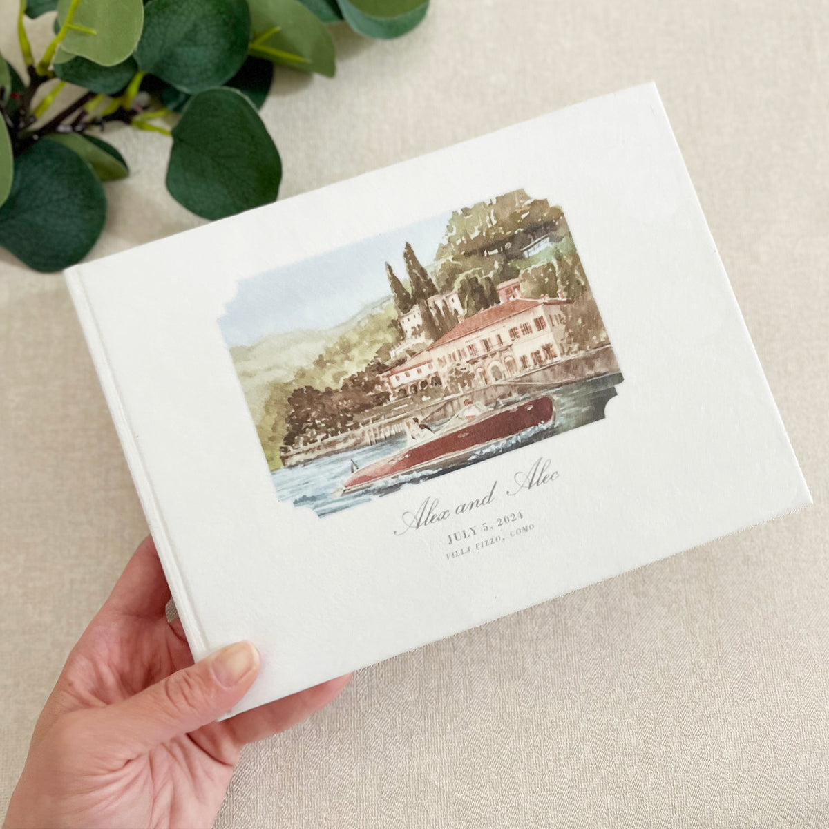 Personalized White Velvet Wedding Guest Book with Gold Foil Details | Villa Balbiano, Lake Como