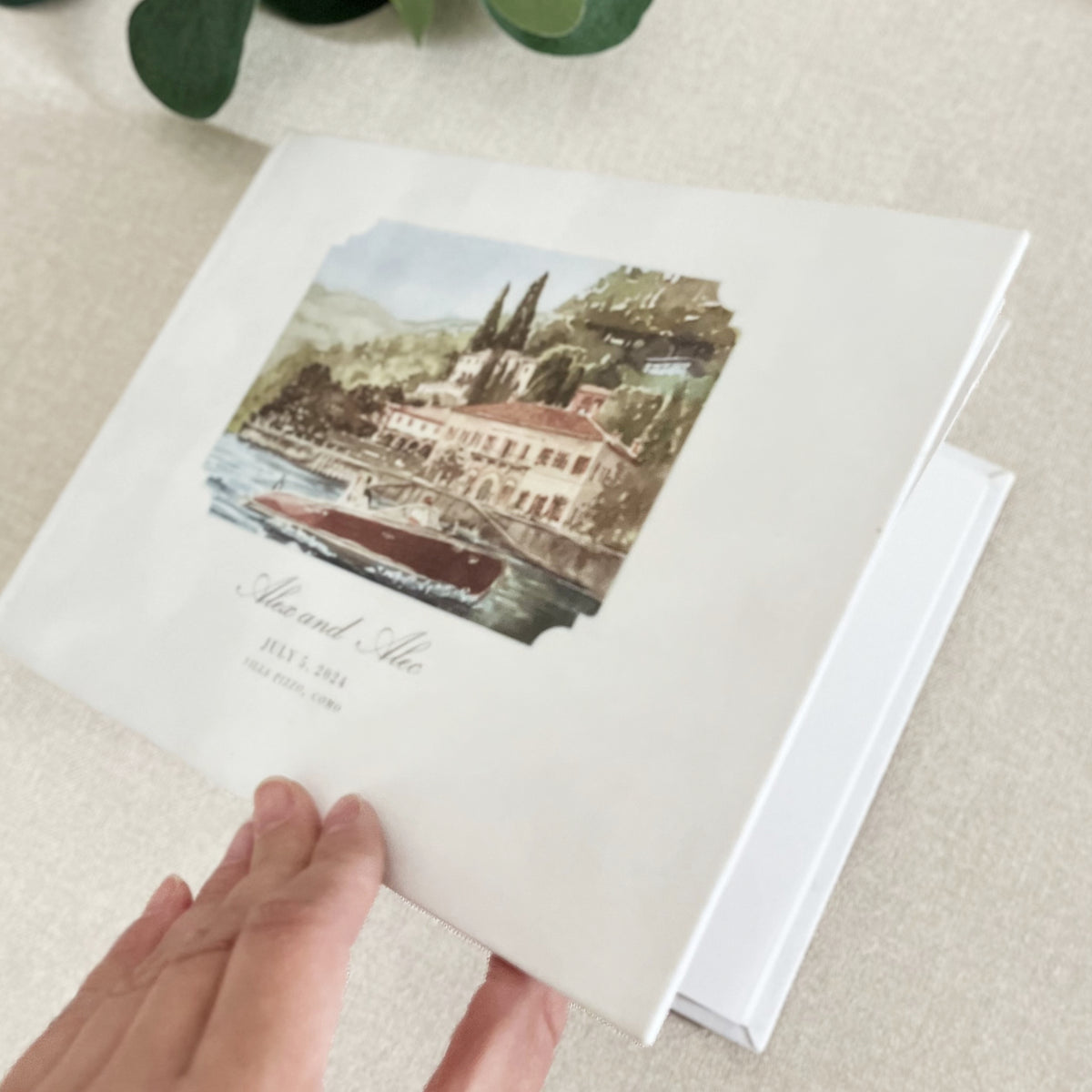 Personalized White Velvet Wedding Guest Book with Gold Foil Details | Villa Balbiano, Lake Como