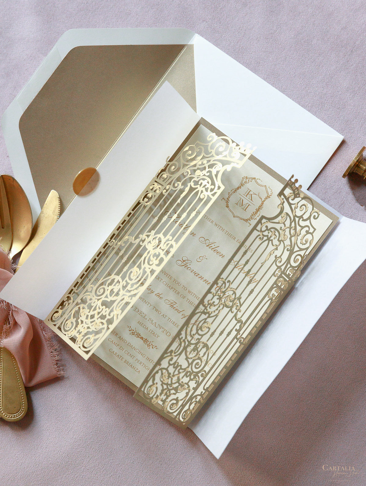 Luxury Vintage Gold Ornamental Gate Laser Cut Day Invitation with Vellum with Wax Seal