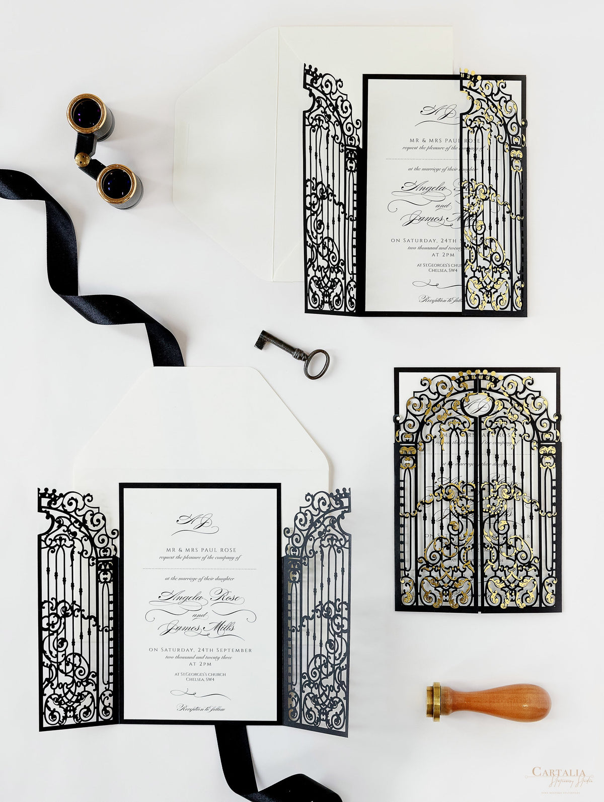 Stunning Gold Foil Ornamental Laser Cut Gate Fold Wedding Day Invitation