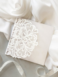 Luxury Blush Opulence Laser Cut Lace Pocketfold Wedding Invitation Suite with 3 Tier:  Guest Info & Travel & RSVP Card