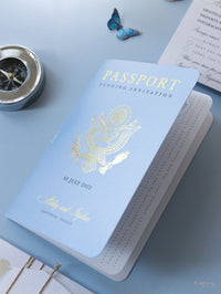 Dusty Blue & Gold Wedding Passport Invite FOLDER :  Luxury Wallet & Tag Passport Invitation