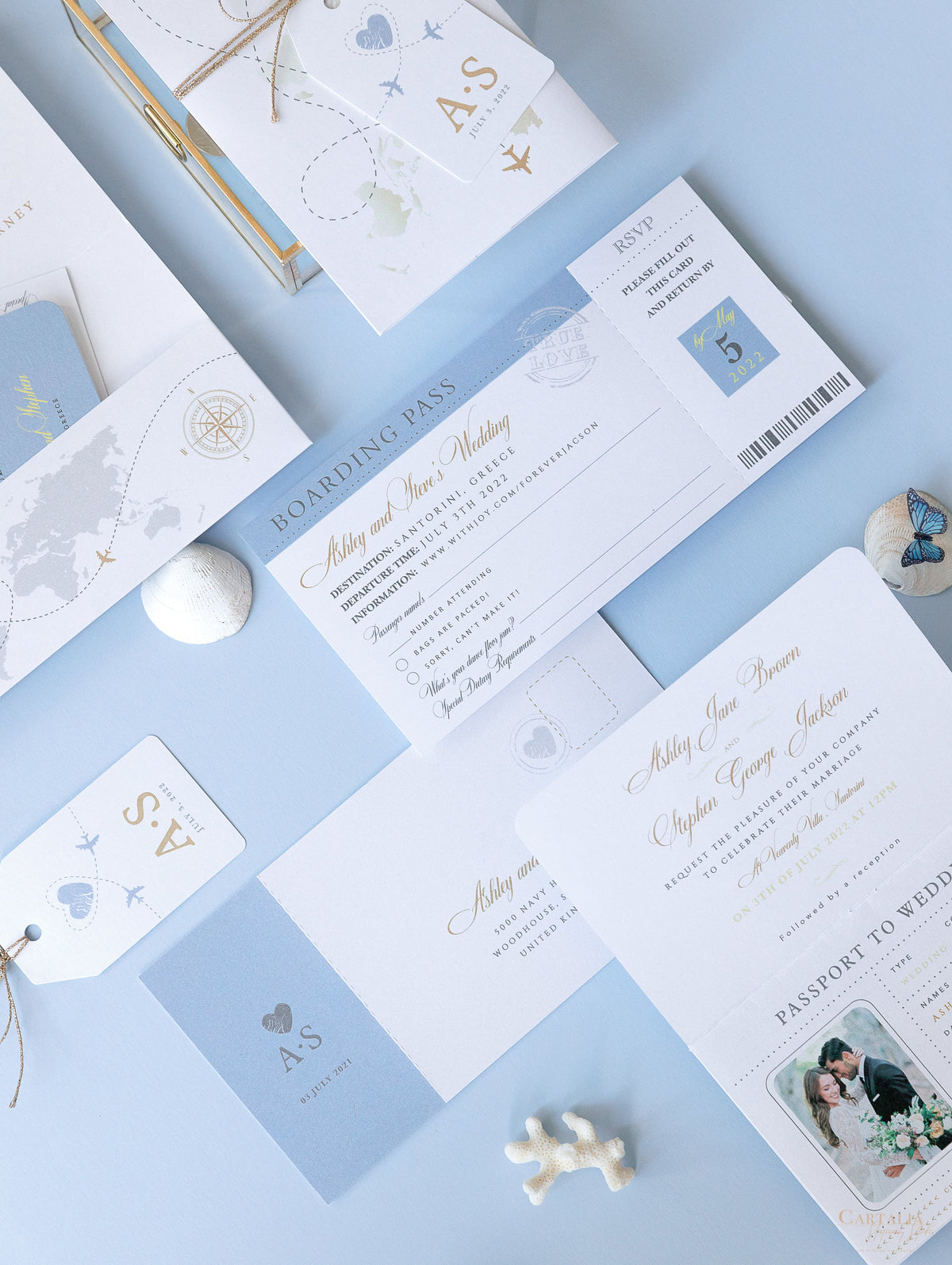 Dusty Blue & Gold Wedding Passport Invite FOLDER :  Luxury Wallet & Tag Passport Invitation