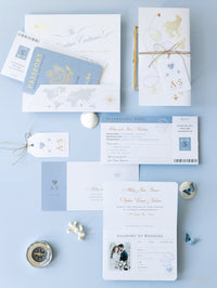 Dusty Blue & Gold Wedding Passport Invite FOLDER :  Luxury Wallet & Tag Passport Invitation