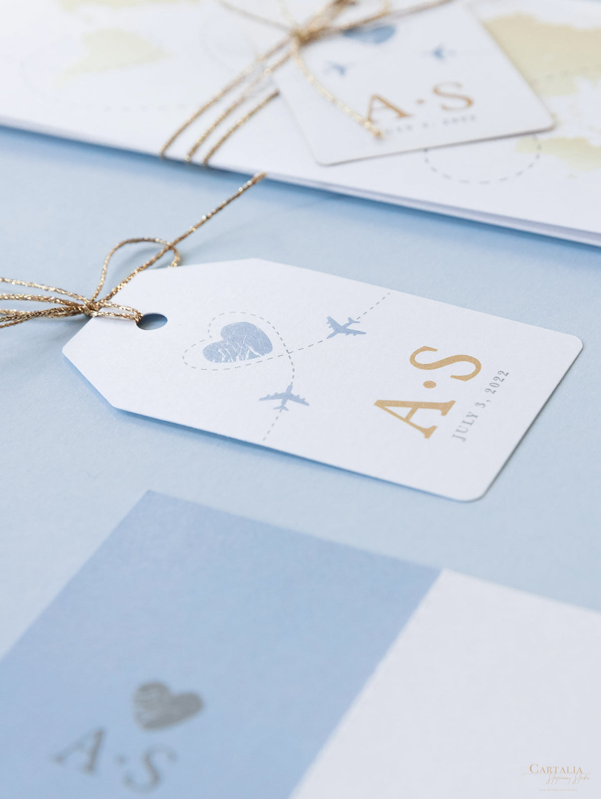 Dusty Blue & Gold Wedding Passport Invite FOLDER :  Luxury Wallet & Tag Passport Invitation