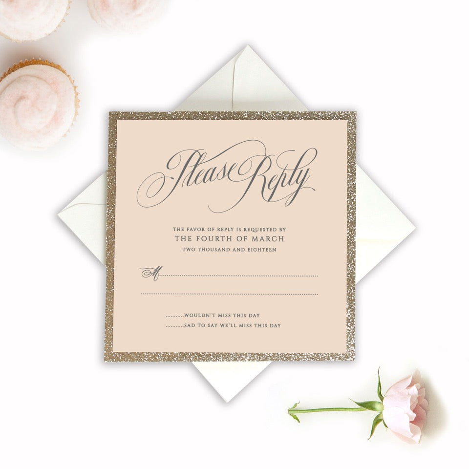 Beautiful Blush Rose Laser Cut RSVP with Glitter