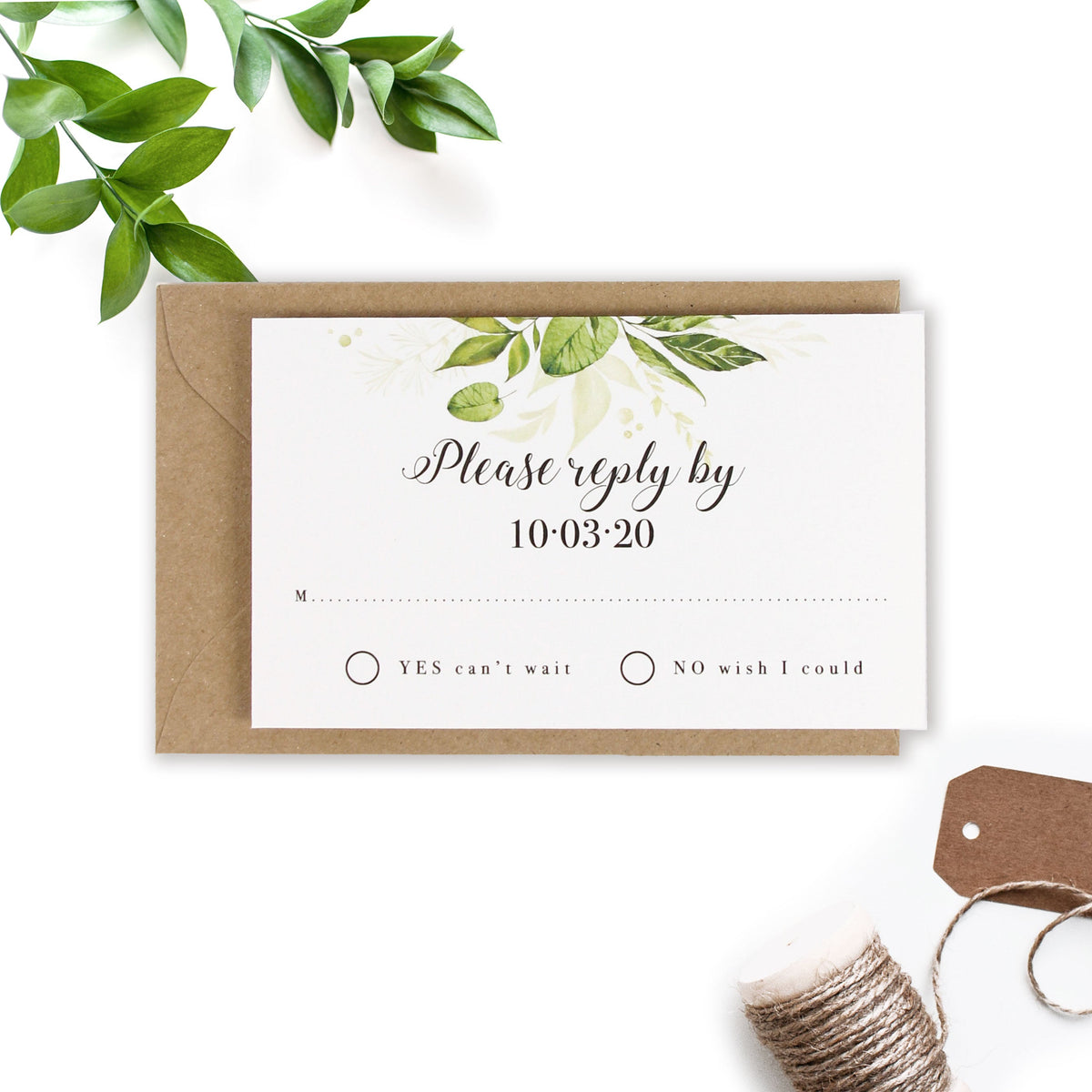 Invitación de noche con juego de boda rústico de follaje verde