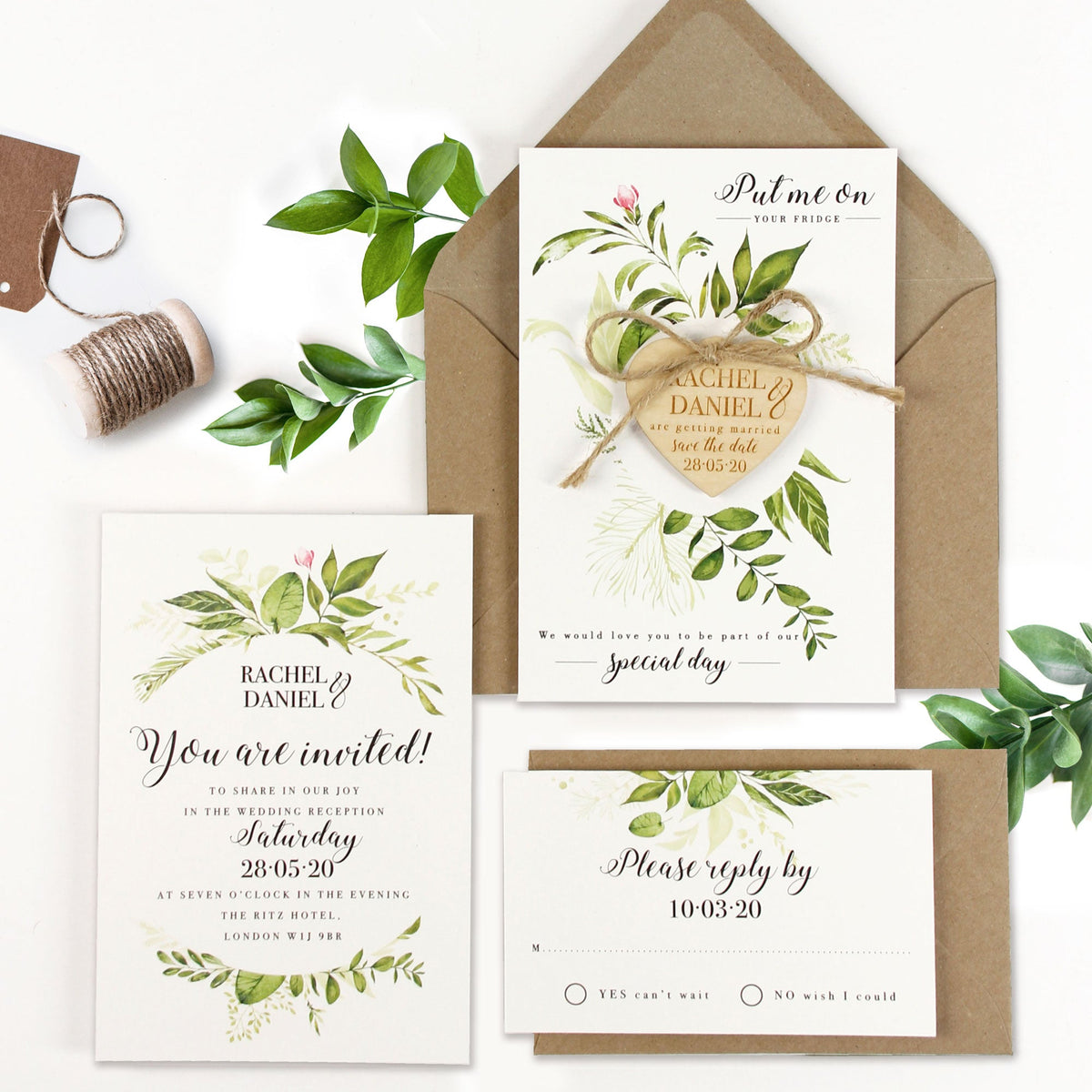 Invitación de noche con juego de boda rústico de follaje verde