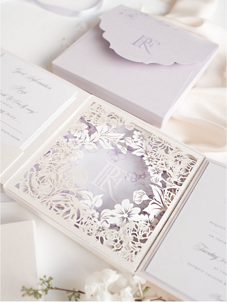 Scatola Couture lilla e viola: suite per inviti di nozze con taglio laser a livelli lussuosamente intricati in 3D