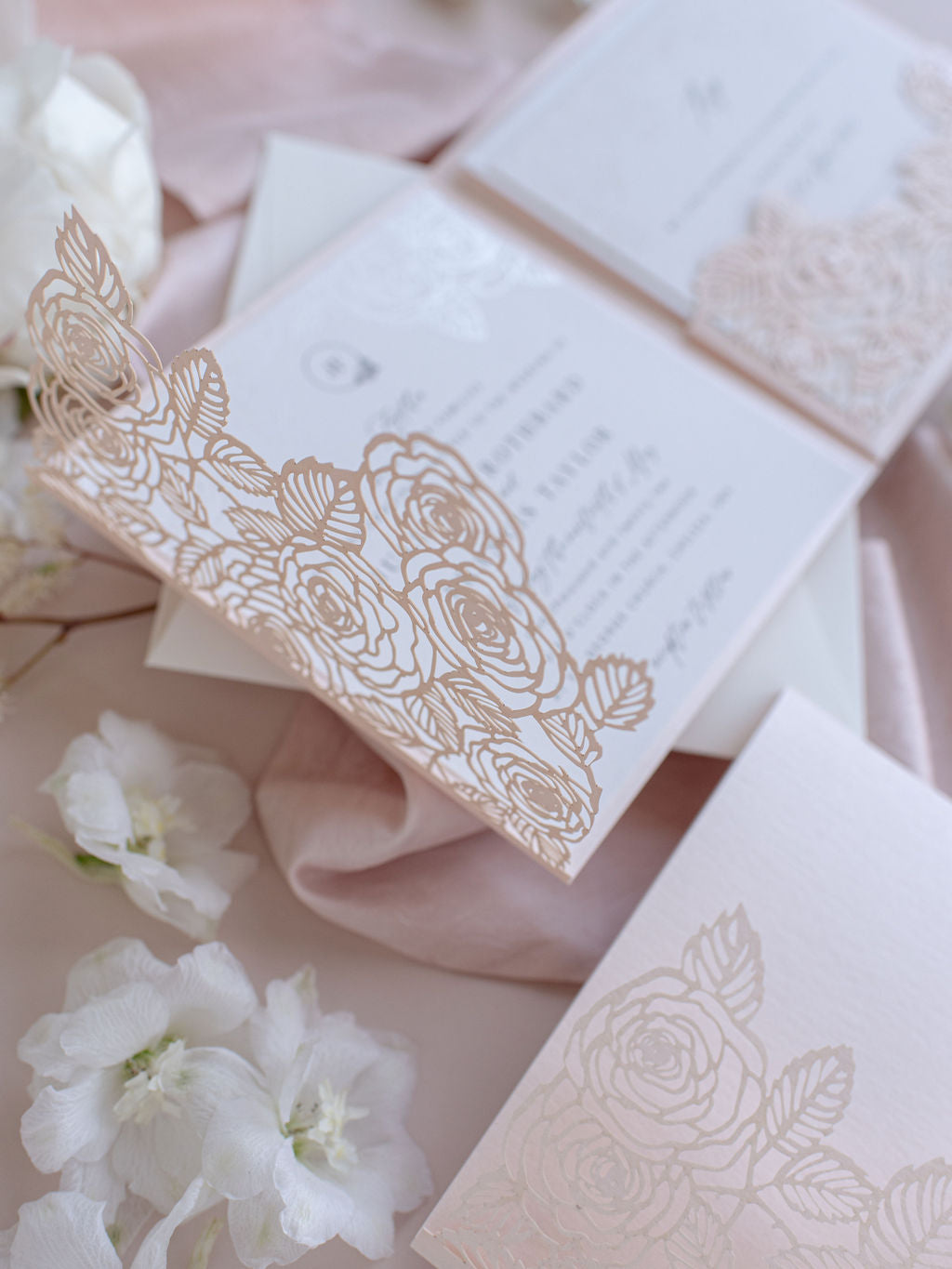 Romantic Roses Blush Laser Cut Pocket Folder with Rsvp Card