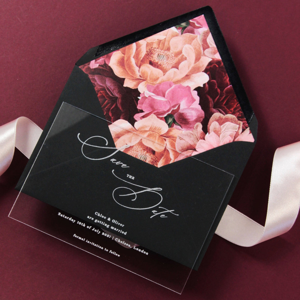 Acrylic Save the Date with Calligraphy Perspex See Through Plexi - Engraved with Floral Liner