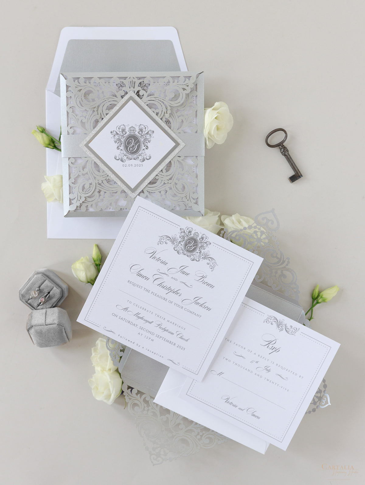 Silver Laser Cut and Glitter Lace Pocketfold Wedding Invitation + Envelope
