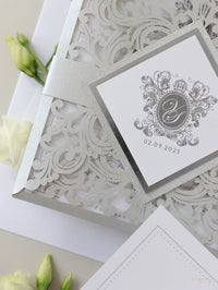 Silver Laser Cut and Glitter Lace Pocketfold Wedding Invitation + Envelope