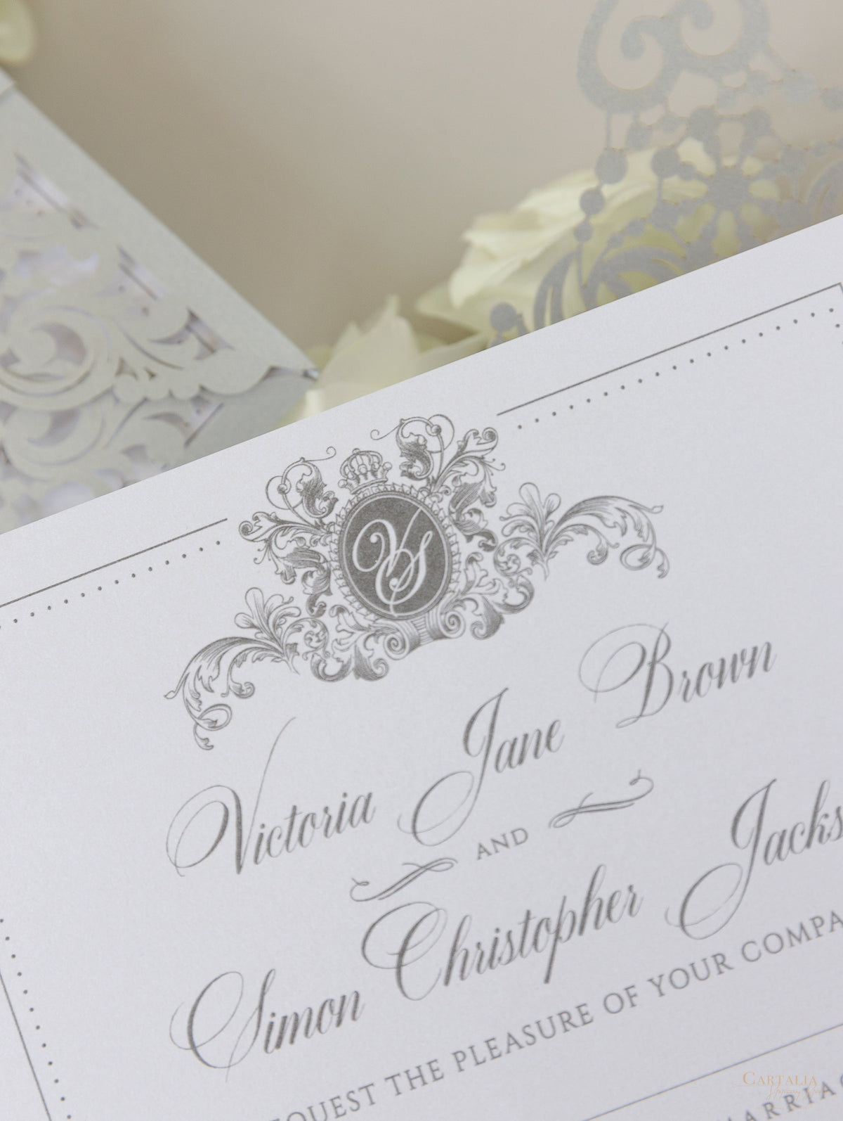Silver Laser Cut and Glitter Lace Pocketfold Wedding Invitation + Envelope
