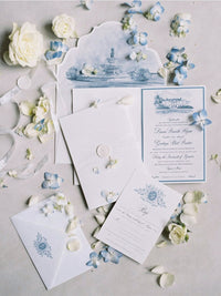 Invito a nozze in acquerello con la tua sede | Tasca di lusso con busta tipografica e bordo increspato