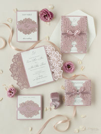 Intricate Orchid with Satin Ribbon Laser Cut Gatefold Wedding Invitation