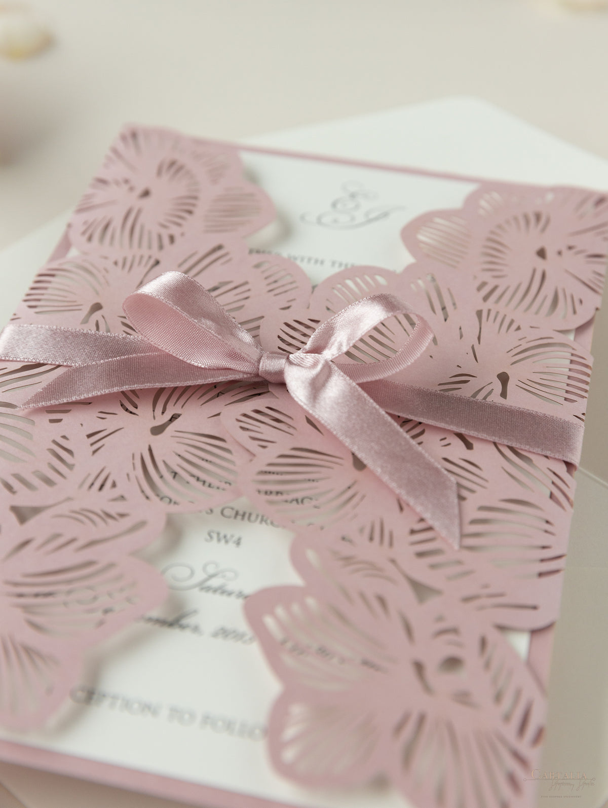 Intricate Orchid with Satin Ribbon Laser Cut Gatefold Wedding Invitation