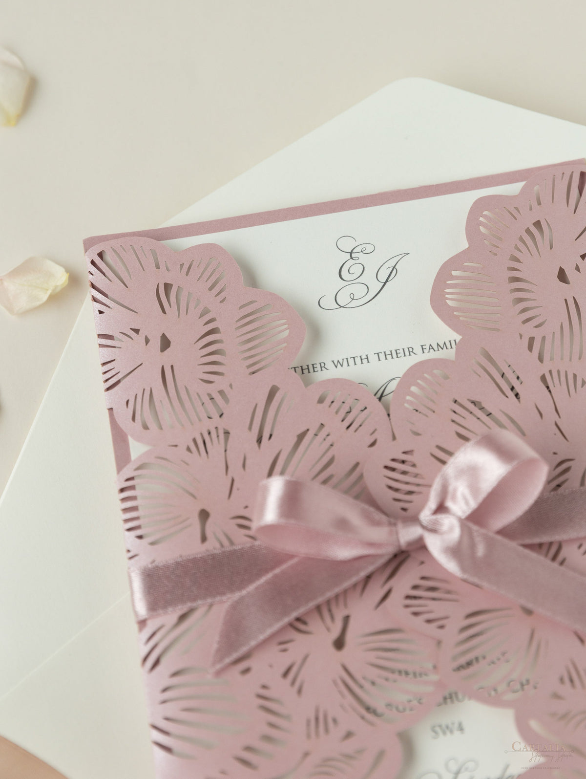 Intricate Orchid with Satin Ribbon Laser Cut Gatefold Wedding Invitation