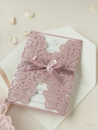 Intricate Orchid with Satin Ribbon Laser Cut Gatefold Wedding Invitation