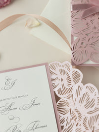 Intricate Orchid with Satin Ribbon Laser Cut Gatefold Wedding Invitation